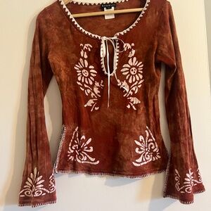 bebe Women's Floral Tie-Neck Long Sleeve Top